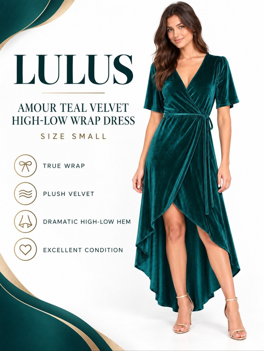 Lulus Amour Teal Green Velvet High-Low Wrap Dress – Size Small